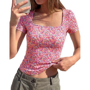 BTFBM Square Neck Tops for Women Floral Summer Shirts(White Pink Flower)