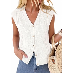 BTFBM Vest Tops for Women Summer V Neck Button Loose Lightweight Cardigan Knit Cap Sleeve Sweater Vests Fashion Clothing(White)