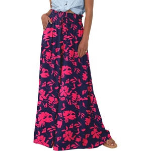 BTFBM Wide Leg Flowy Palazzo Pants for Women(Print Navy Rose Red)