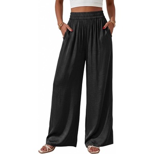 BTFBM Wide Leg Pants Woman Summer 2026 Pockets Dressy Flowy Lightweight Glitter Satin Palazzo Beach Vacation Clothes(Black)