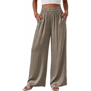 BTFBM Wide Leg Pants Woman Summer 2026 Pockets Dressy Flowy Lightweight Glitter Satin Palazzo Beach Vacation Clothes(Grey Brown)