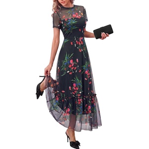 BTFBM Womens Mesh Ruffle Boho Cocktail Dresses(Floral Black Pink)