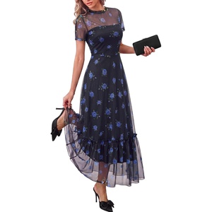 BTFBM Womens Mesh Ruffle Boho Cocktail Dresses(Floral Black Royal Blue)