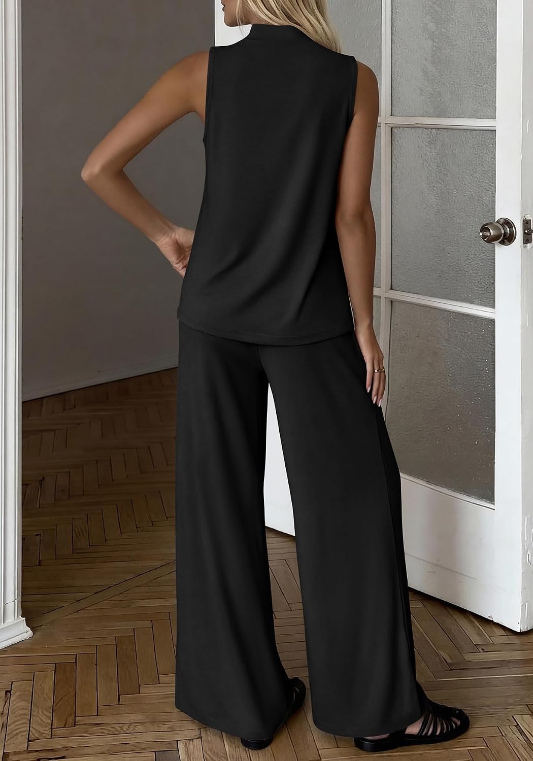image:imageBTFBM 2 Piece Outfits For Women Airport Travel Summer 2026 Loose Mock Neck Sleeveless Wide Leg Pants Workout Lounge SetsBlack