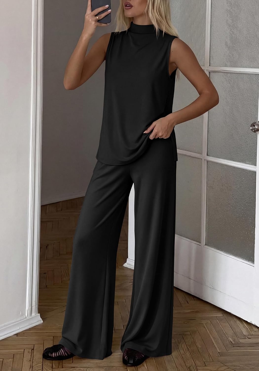 image:imageBTFBM 2 Piece Outfits For Women Airport Travel Summer 2026 Loose Mock Neck Sleeveless Wide Leg Pants Workout Lounge SetsBlack