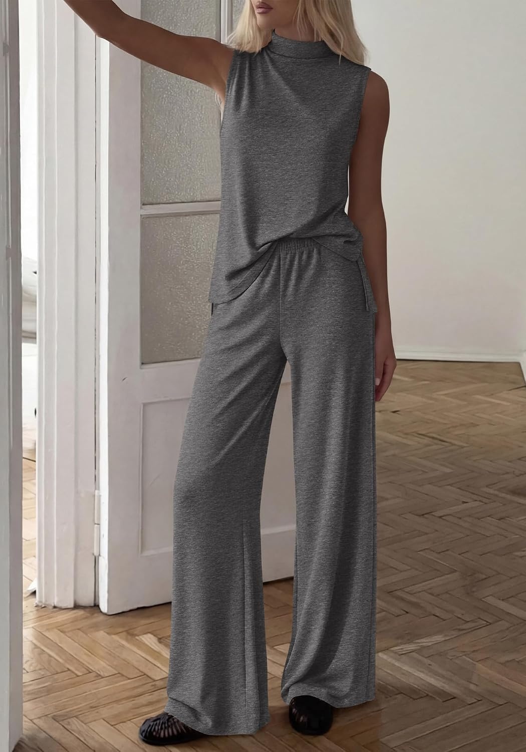 image:imageBTFBM 2 Piece Outfits For Women Airport Travel Summer 2026 Loose Mock Neck Sleeveless Wide Leg Pants Workout Lounge SetsDark Grey