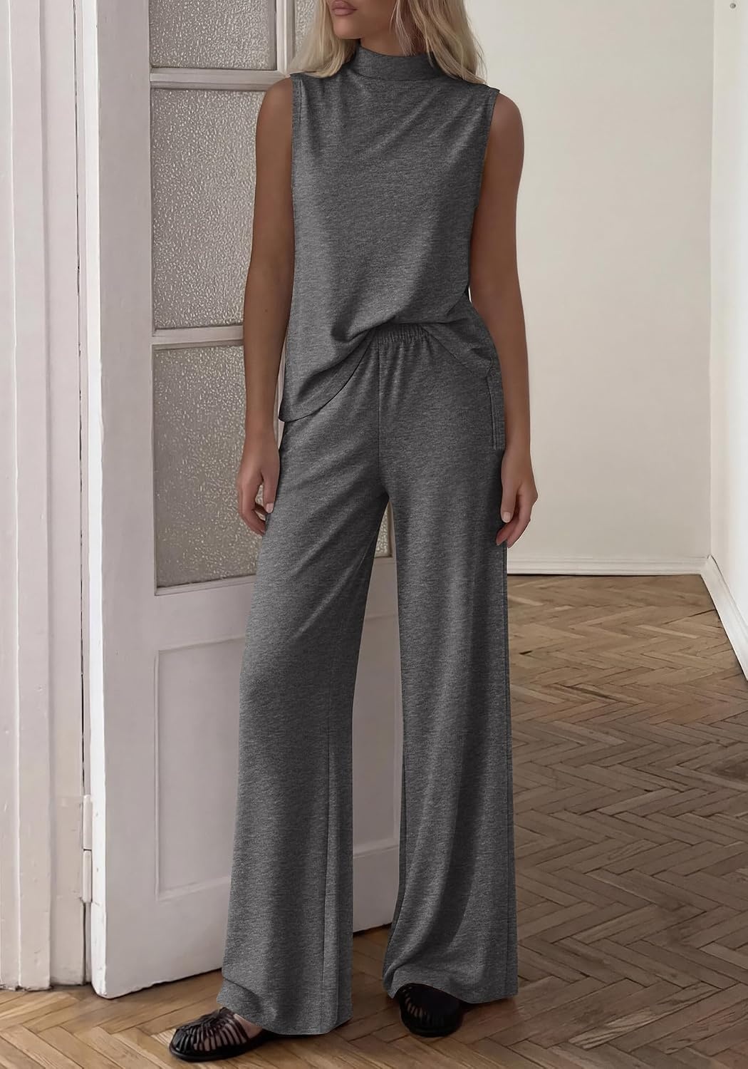 image:imageBTFBM 2 Piece Outfits For Women Airport Travel Summer 2026 Loose Mock Neck Sleeveless Wide Leg Pants Workout Lounge SetsDark Grey