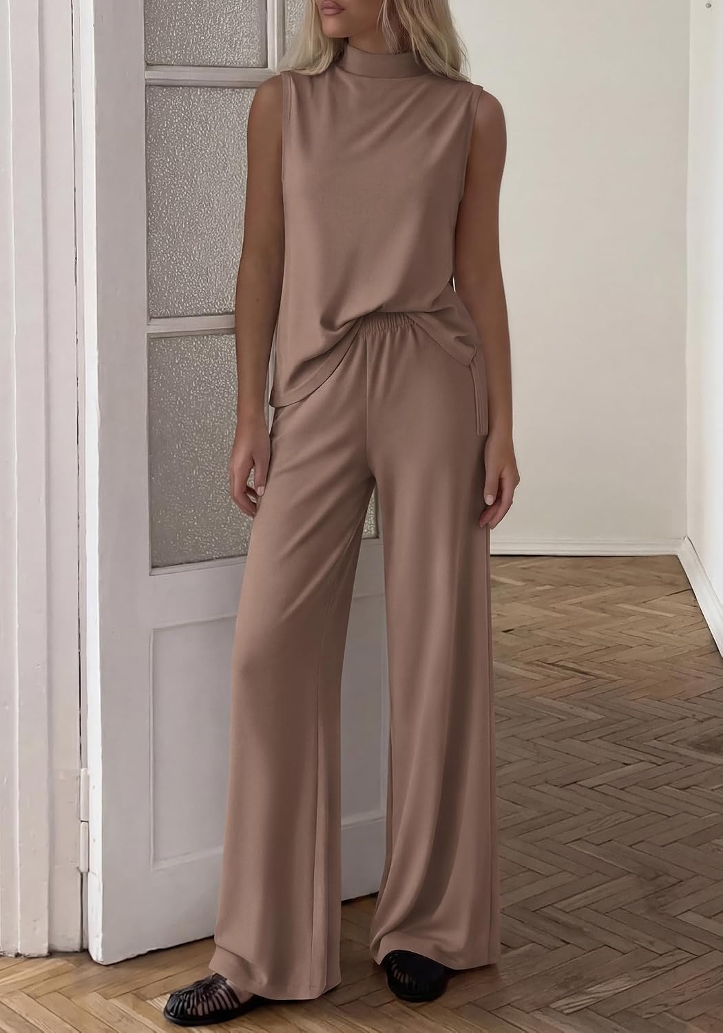 image:imageBTFBM 2 Piece Outfits For Women Airport Travel Summer 2026 Loose Mock Neck Sleeveless Wide Leg Pants Workout Lounge SetsKhaki
