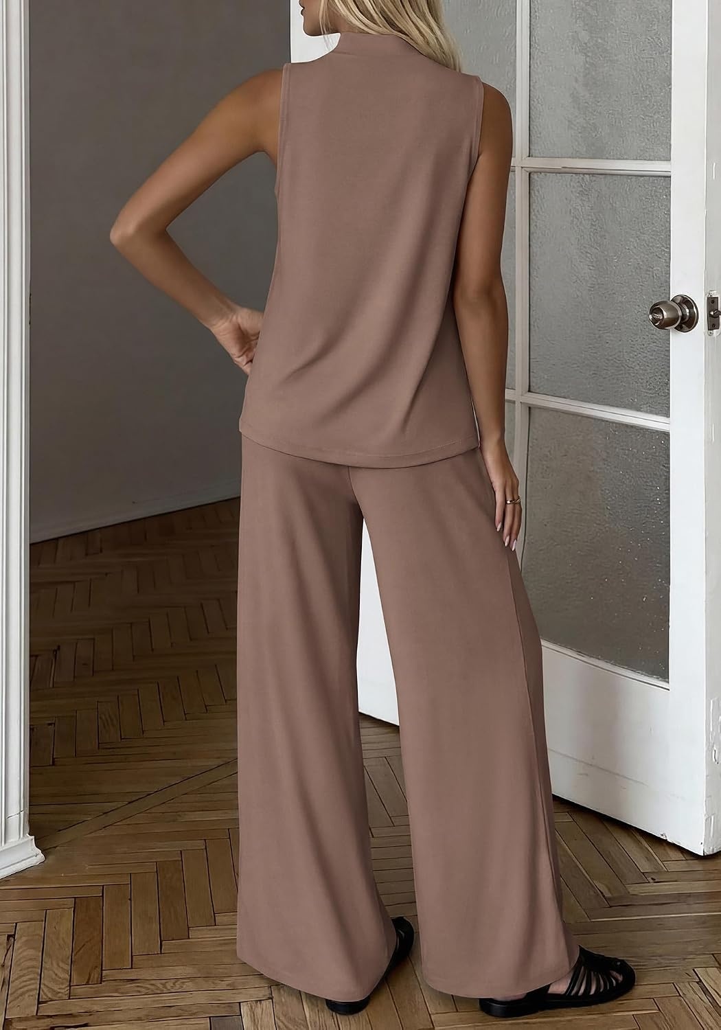 image:imageBTFBM 2 Piece Outfits For Women Airport Travel Summer 2026 Loose Mock Neck Sleeveless Wide Leg Pants Workout Lounge SetsKhaki
