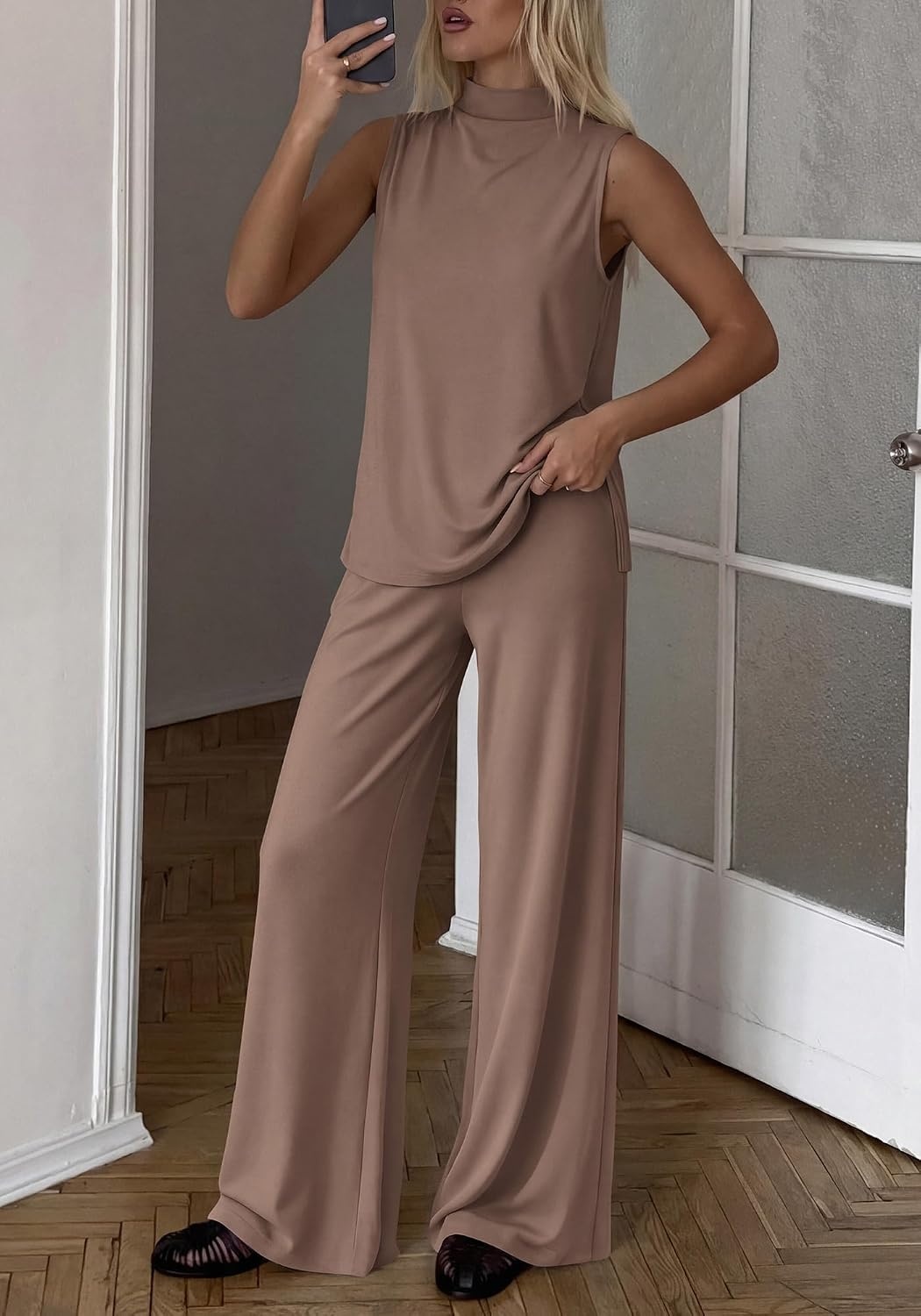 image:imageBTFBM 2 Piece Outfits For Women Airport Travel Summer 2026 Loose Mock Neck Sleeveless Wide Leg Pants Workout Lounge SetsKhaki