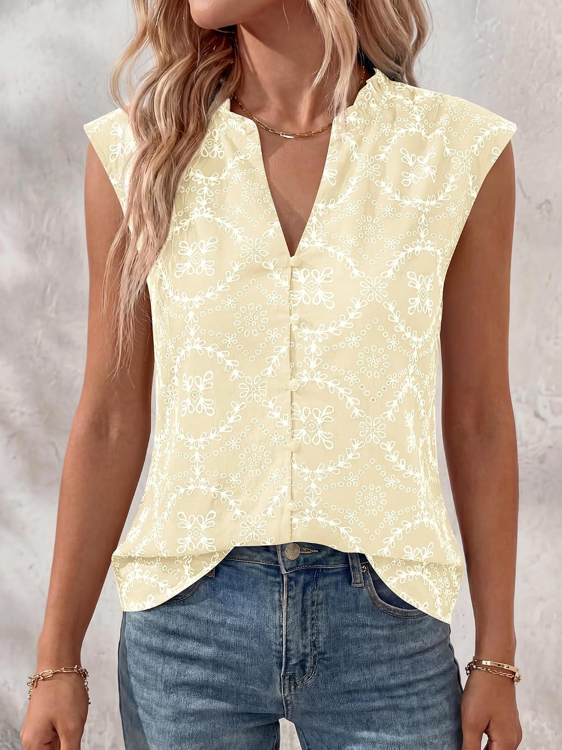 image:imageBTFBM Boho Tops for Women Summer Outfits Eyelet Embroidered Sleeveless Button Down Shirts Beach Vacation Clothes 2026Beige