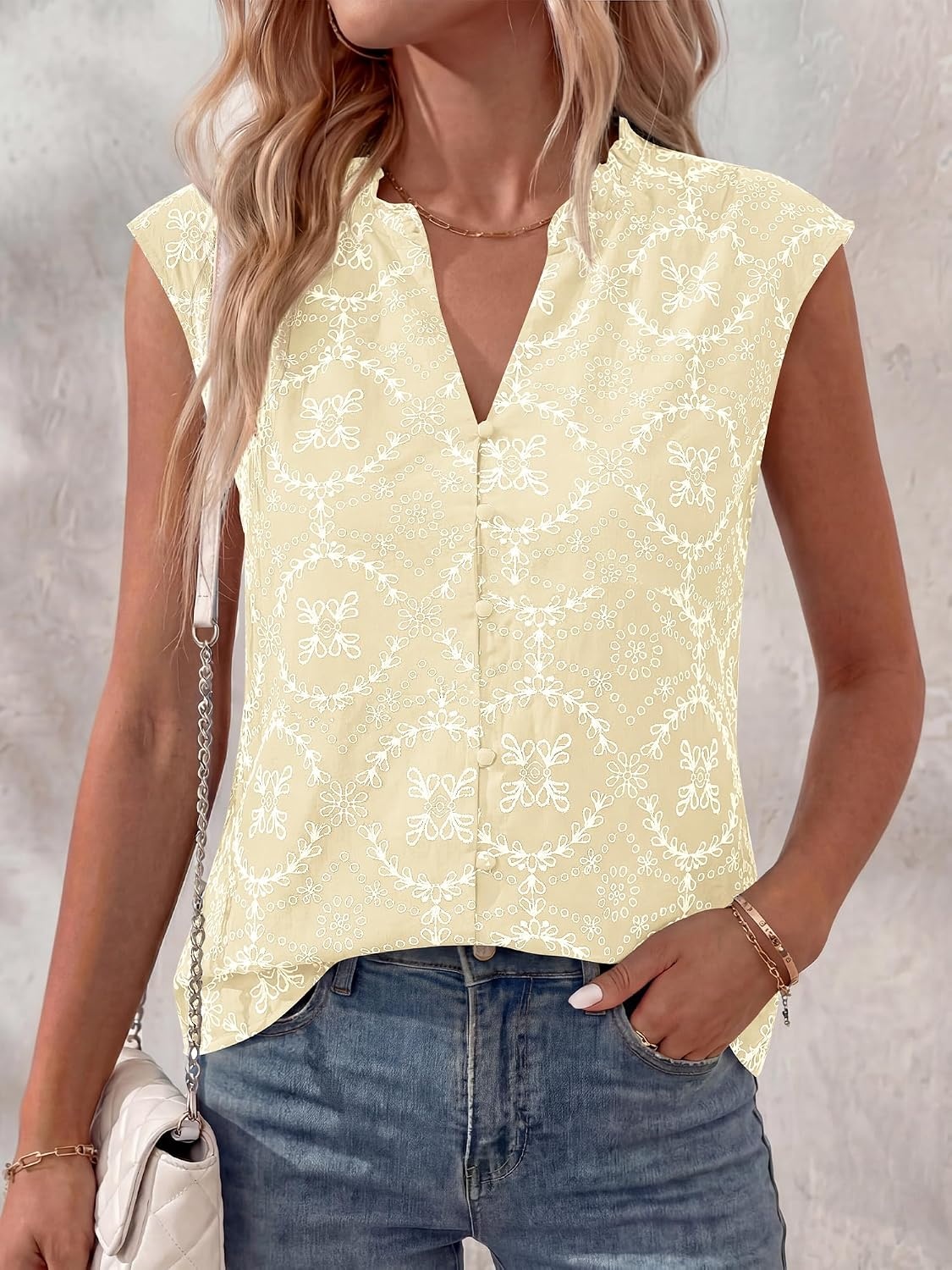 image:imageBTFBM Boho Tops for Women Summer Outfits Eyelet Embroidered Sleeveless Button Down Shirts Beach Vacation Clothes 2026Beige