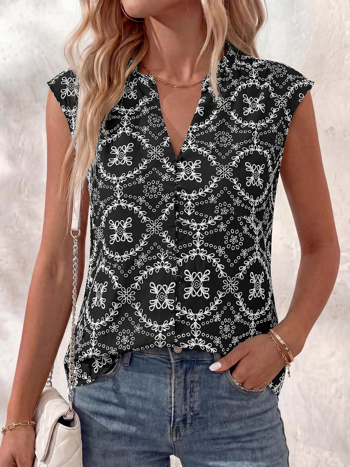 image:imageBTFBM Boho Tops for Women Summer Outfits Eyelet Embroidered Sleeveless Button Down Shirts Beach Vacation Clothes 2026Black