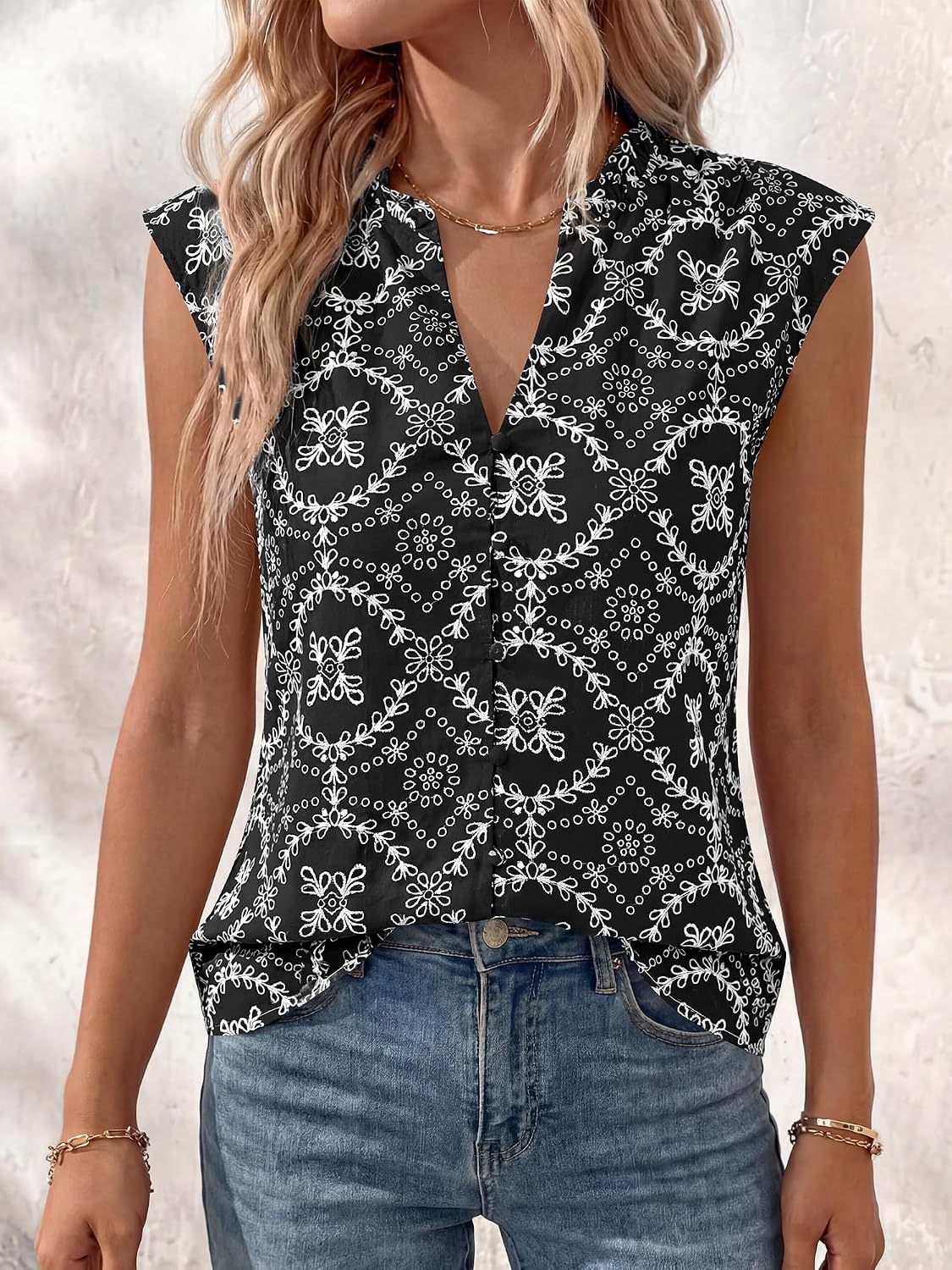 image:imageBTFBM Boho Tops for Women Summer Outfits Eyelet Embroidered Sleeveless Button Down Shirts Beach Vacation Clothes 2026Black
