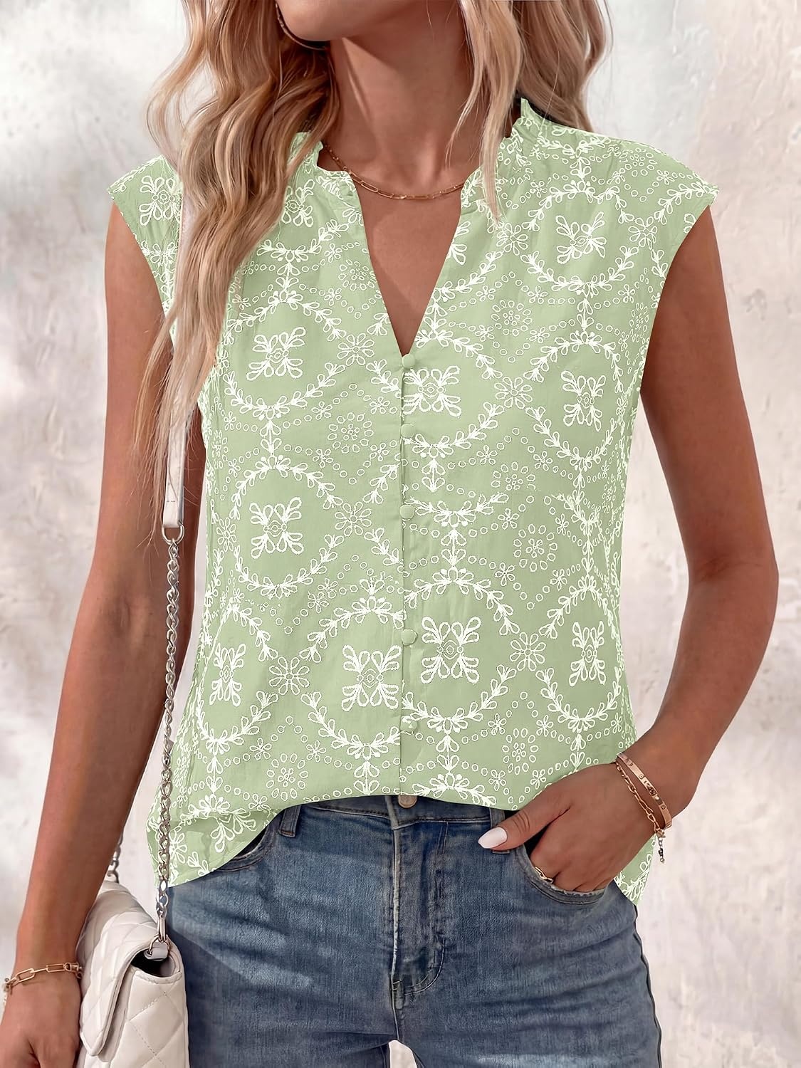 image:imageBTFBM Boho Tops for Women Summer Outfits Eyelet Embroidered Sleeveless Button Down Shirts Beach Vacation Clothes 2026Light Green