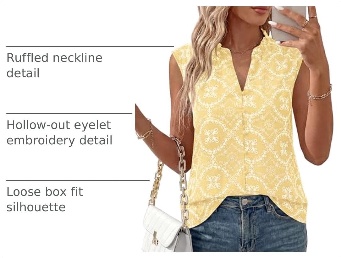 image:imageBTFBM Boho Tops for Women Summer Outfits Eyelet Embroidered Sleeveless Button Down Shirts Beach Vacation Clothes 2026Yellow