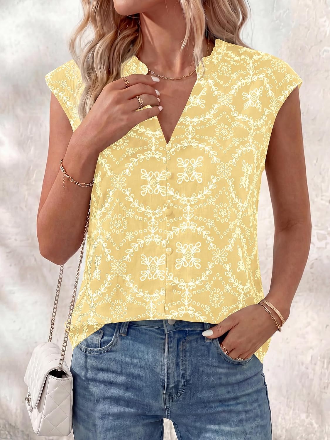 image:imageBTFBM Boho Tops for Women Summer Outfits Eyelet Embroidered Sleeveless Button Down Shirts Beach Vacation Clothes 2026Yellow