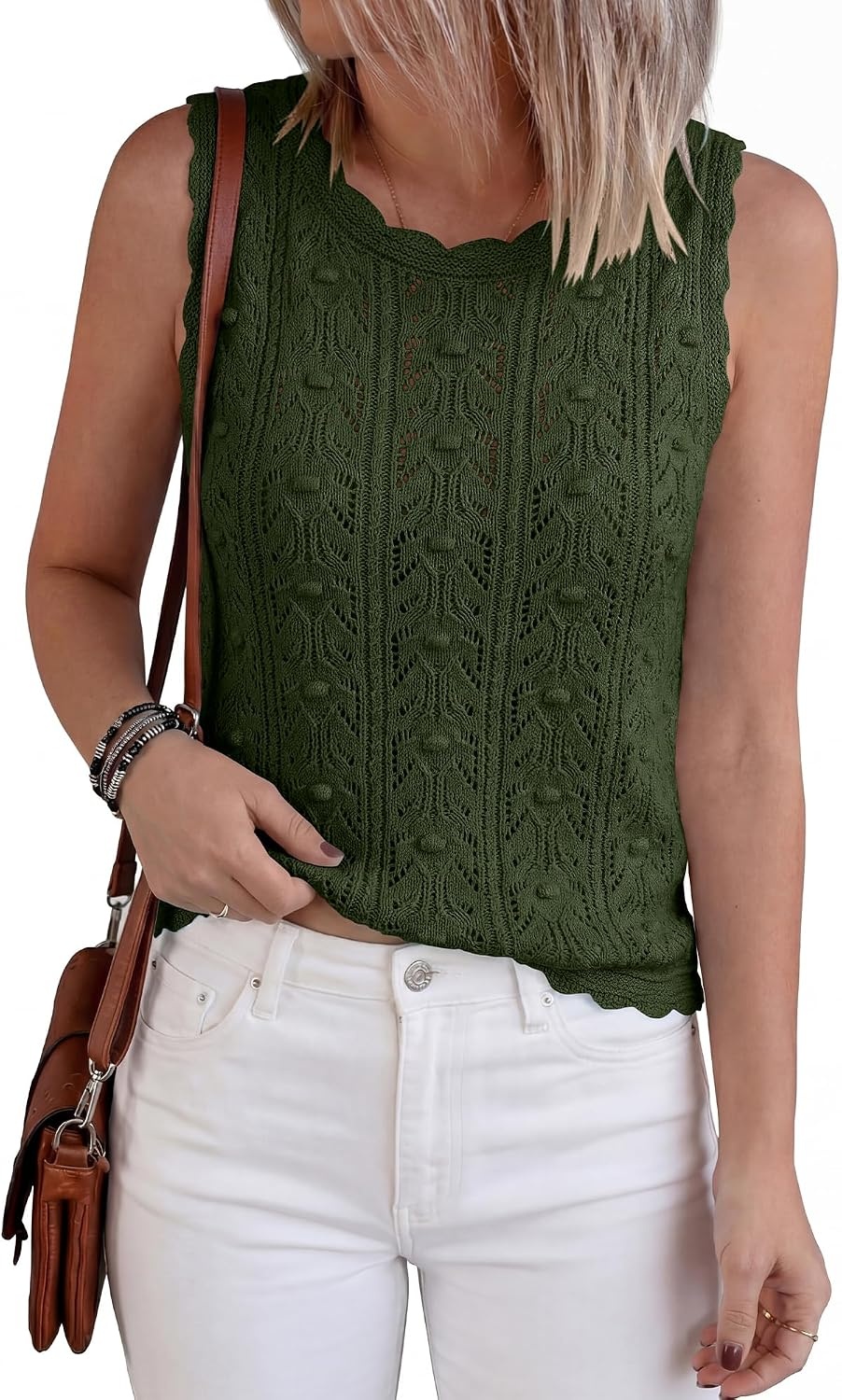 image:imageBTFBM Crochet Tank Tops for Women Loose Sweater VestArmy Green