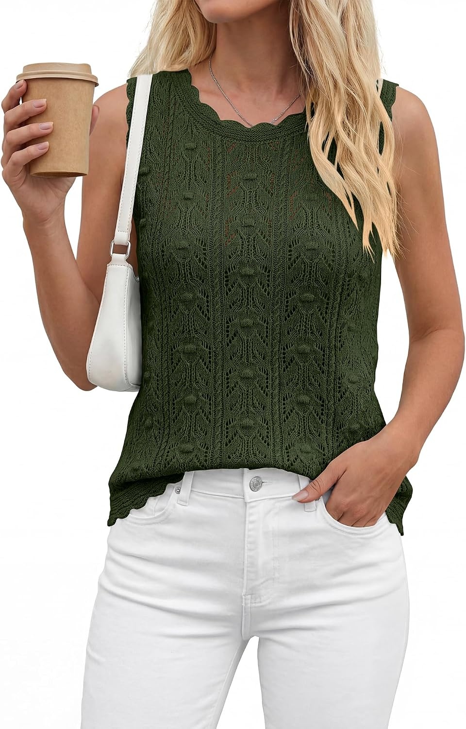 image:imageBTFBM Crochet Tank Tops for Women Loose Sweater VestArmy Green