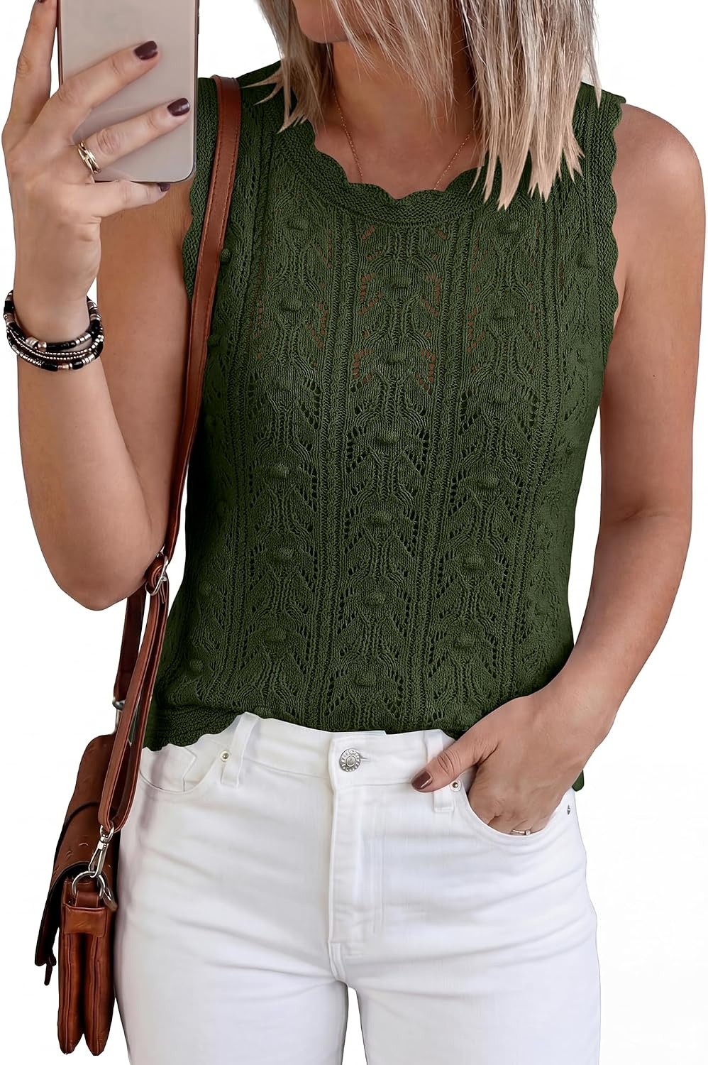 image:imageBTFBM Crochet Tank Tops for Women Loose Sweater VestArmy Green