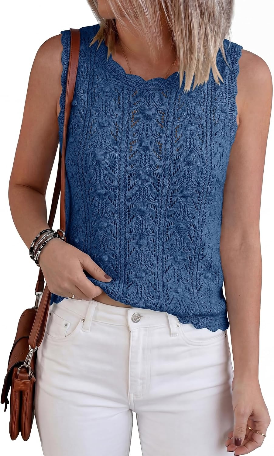image:imageBTFBM Crochet Tank Tops for Women Loose Sweater VestDusty Blue