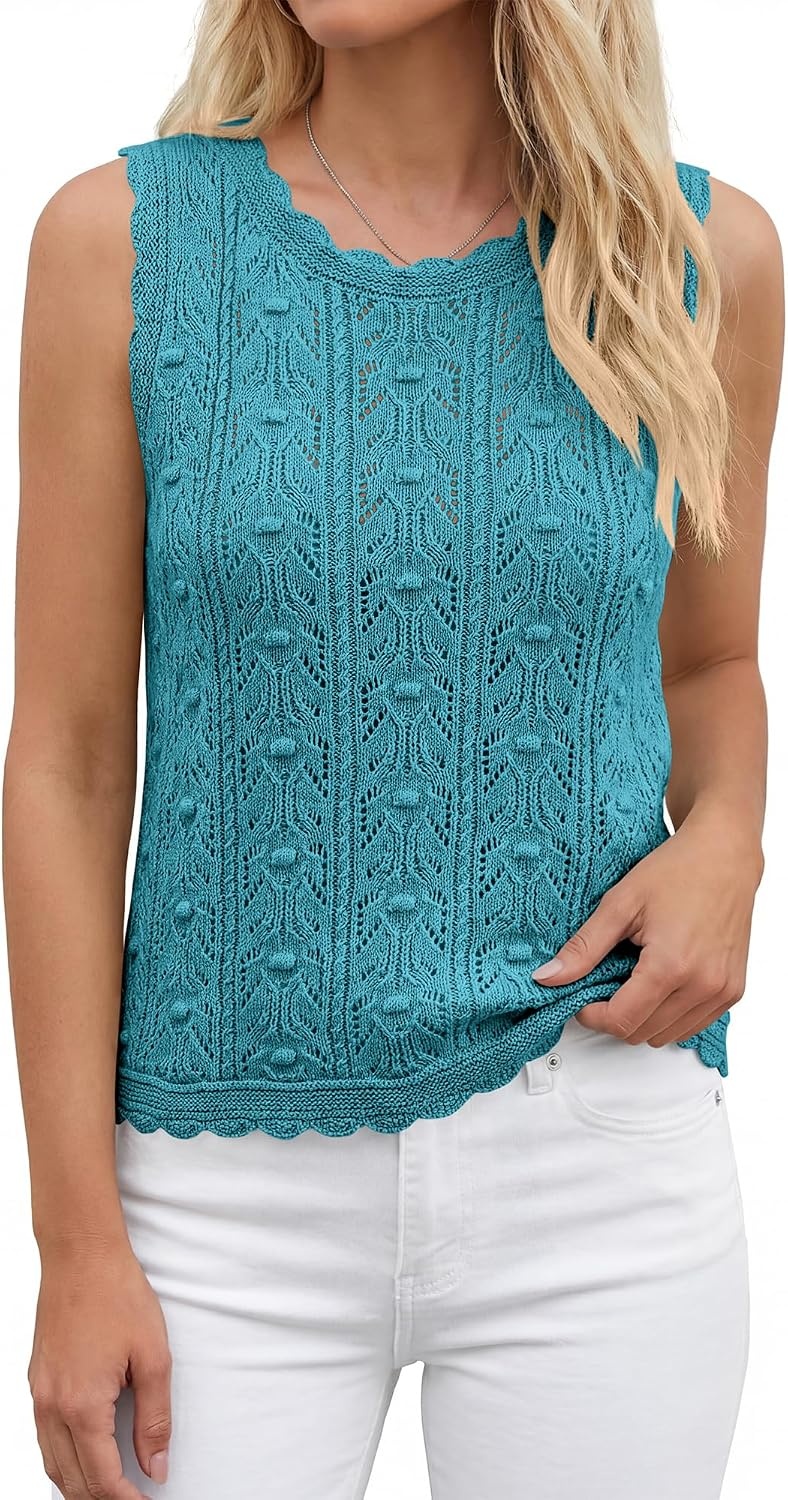 image:imageBTFBM Crochet Tank Tops for Women Loose Sweater VestLight Lake Blue