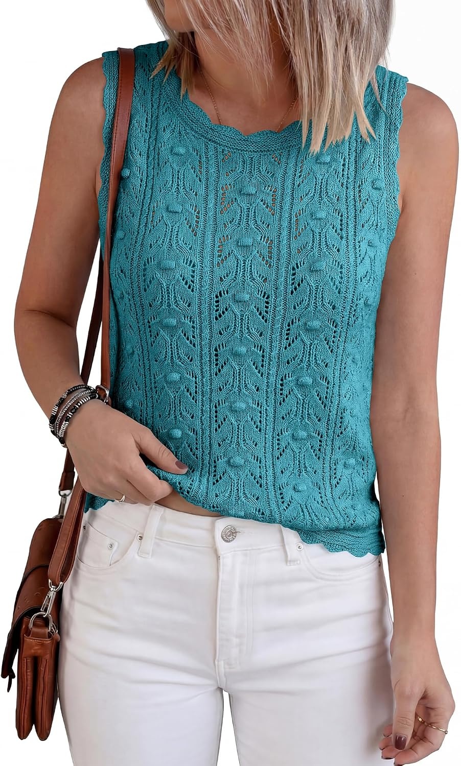 image:imageBTFBM Crochet Tank Tops for Women Loose Sweater VestLight Lake Blue