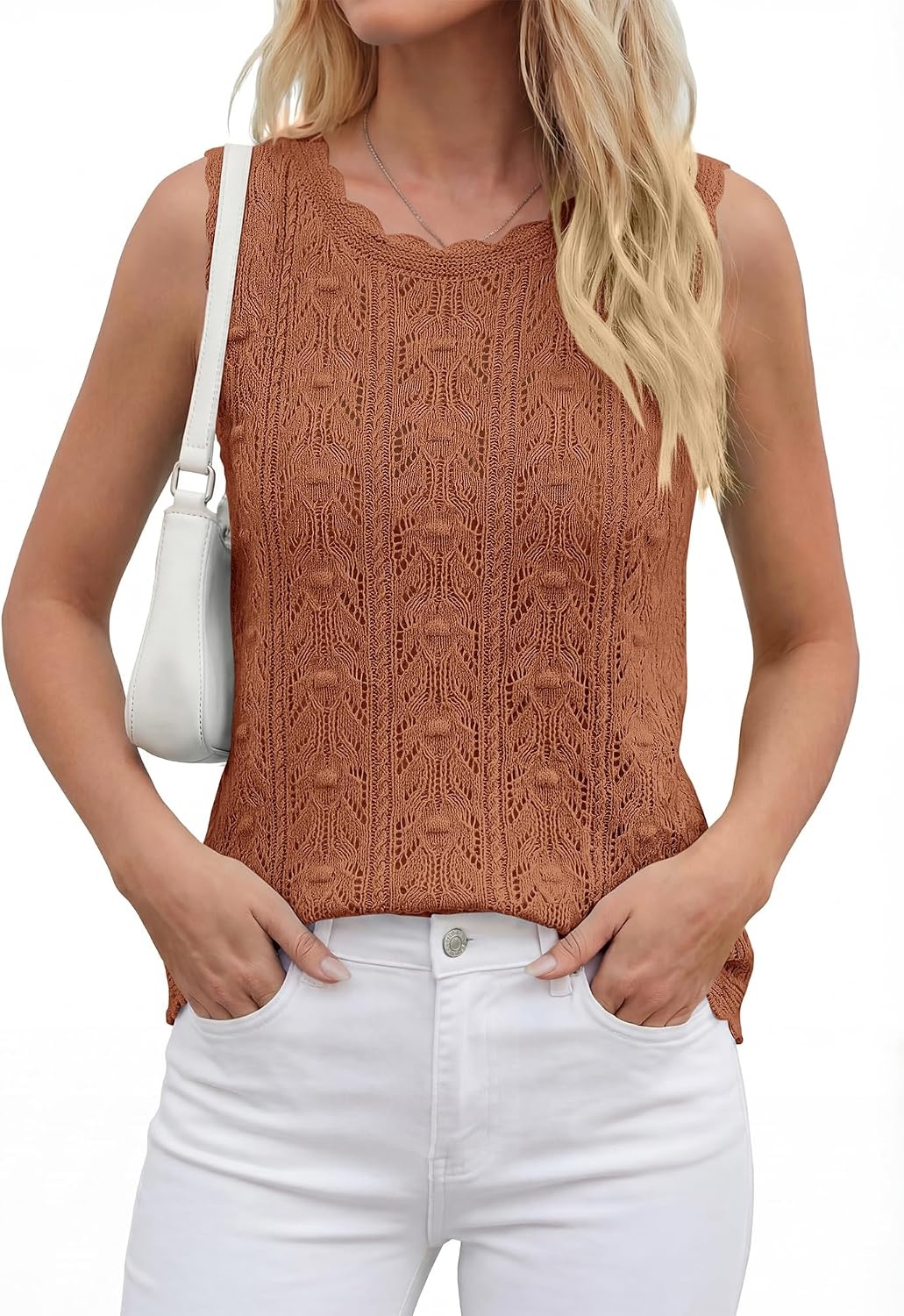 image:imageBTFBM Crochet Tank Tops for Women Loose Sweater VestRust Red