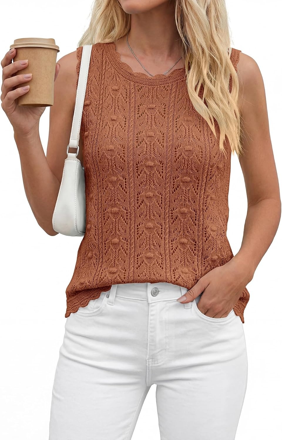 image:imageBTFBM Crochet Tank Tops for Women Loose Sweater VestRust Red