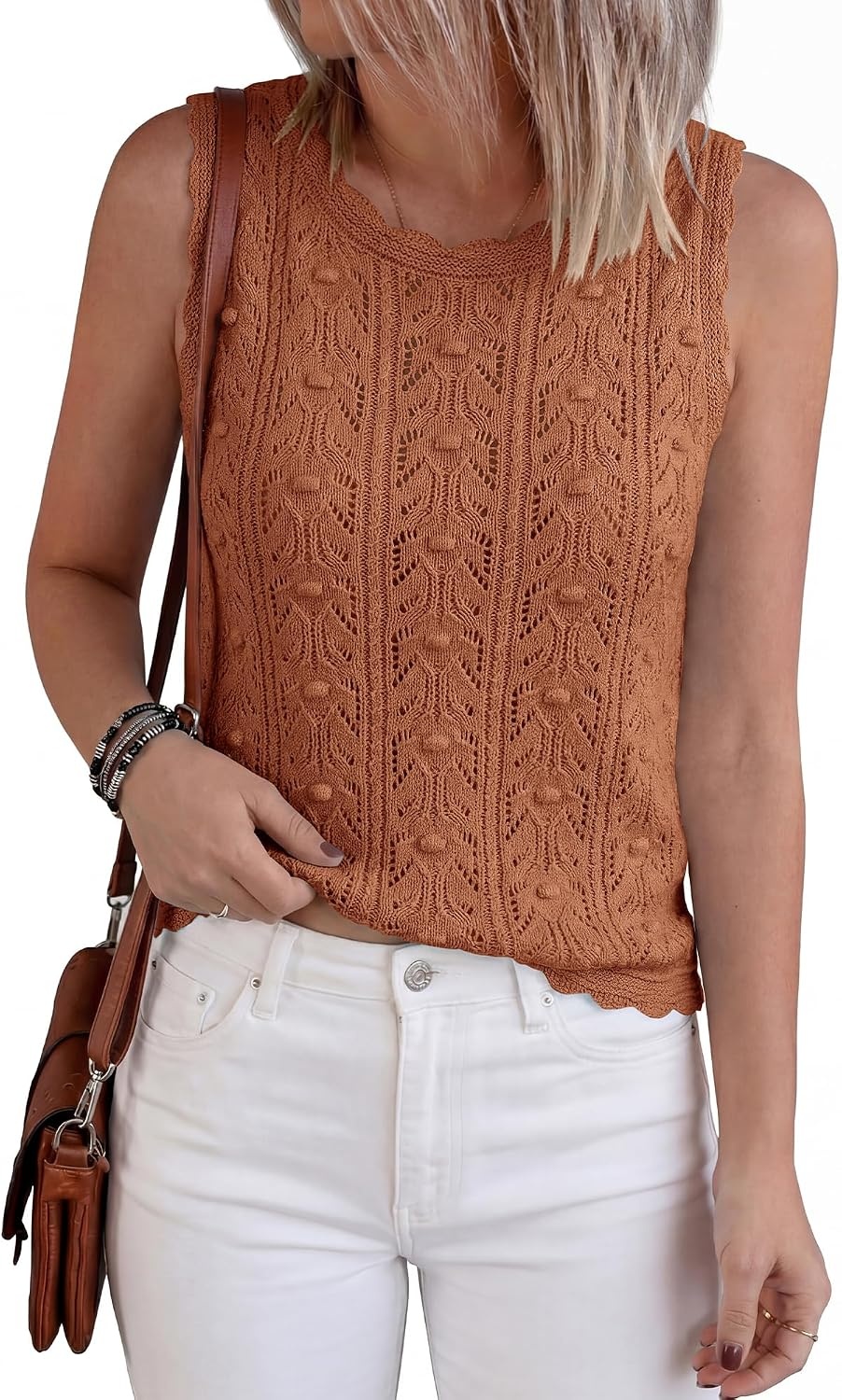 image:imageBTFBM Crochet Tank Tops for Women Loose Sweater VestRust Red