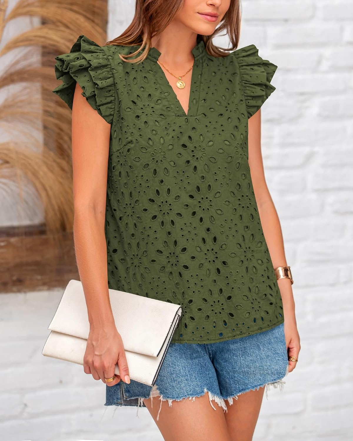 image:imageBTFBM Eyelet Tops for Women Dressy Casual Embroidered ShirtArmy Green