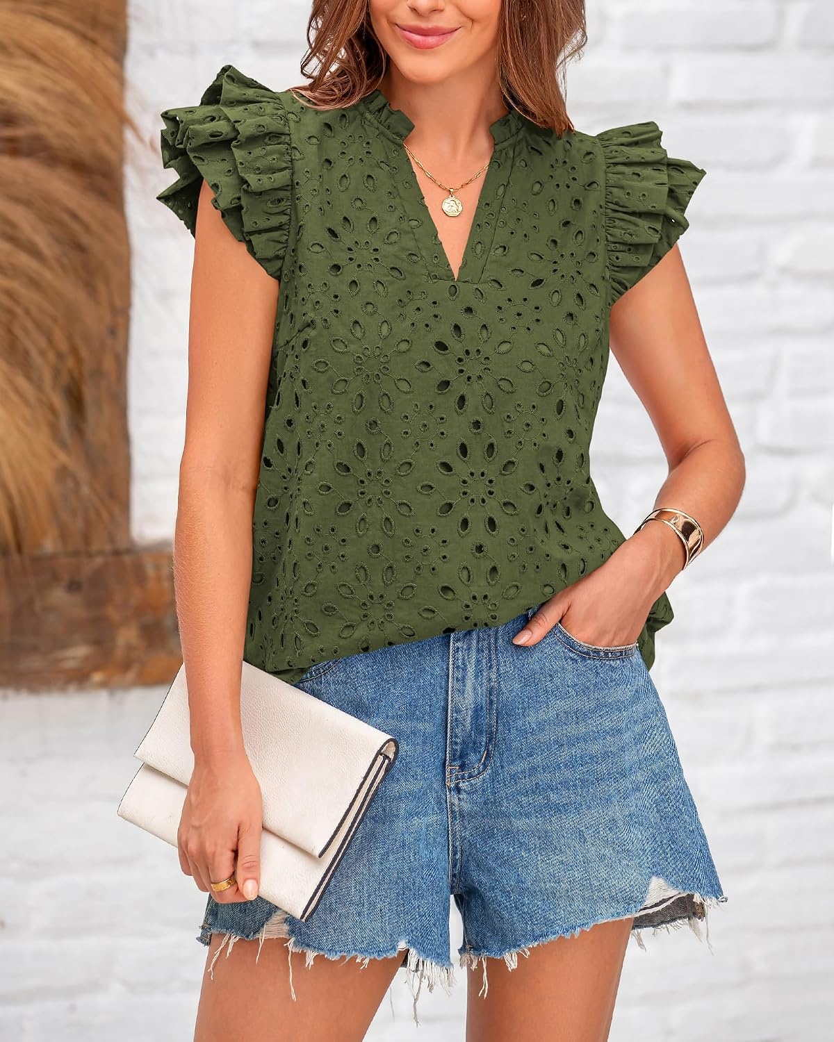 image:imageBTFBM Eyelet Tops for Women Dressy Casual Embroidered ShirtArmy Green