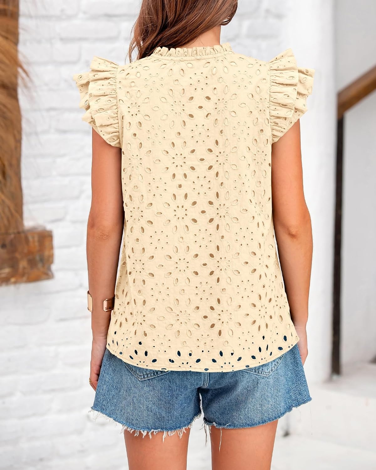 image:imageBTFBM Eyelet Tops for Women Dressy Casual Embroidered ShirtBeige