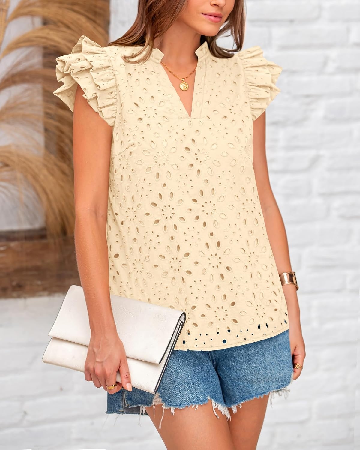 image:imageBTFBM Eyelet Tops for Women Dressy Casual Embroidered ShirtBeige