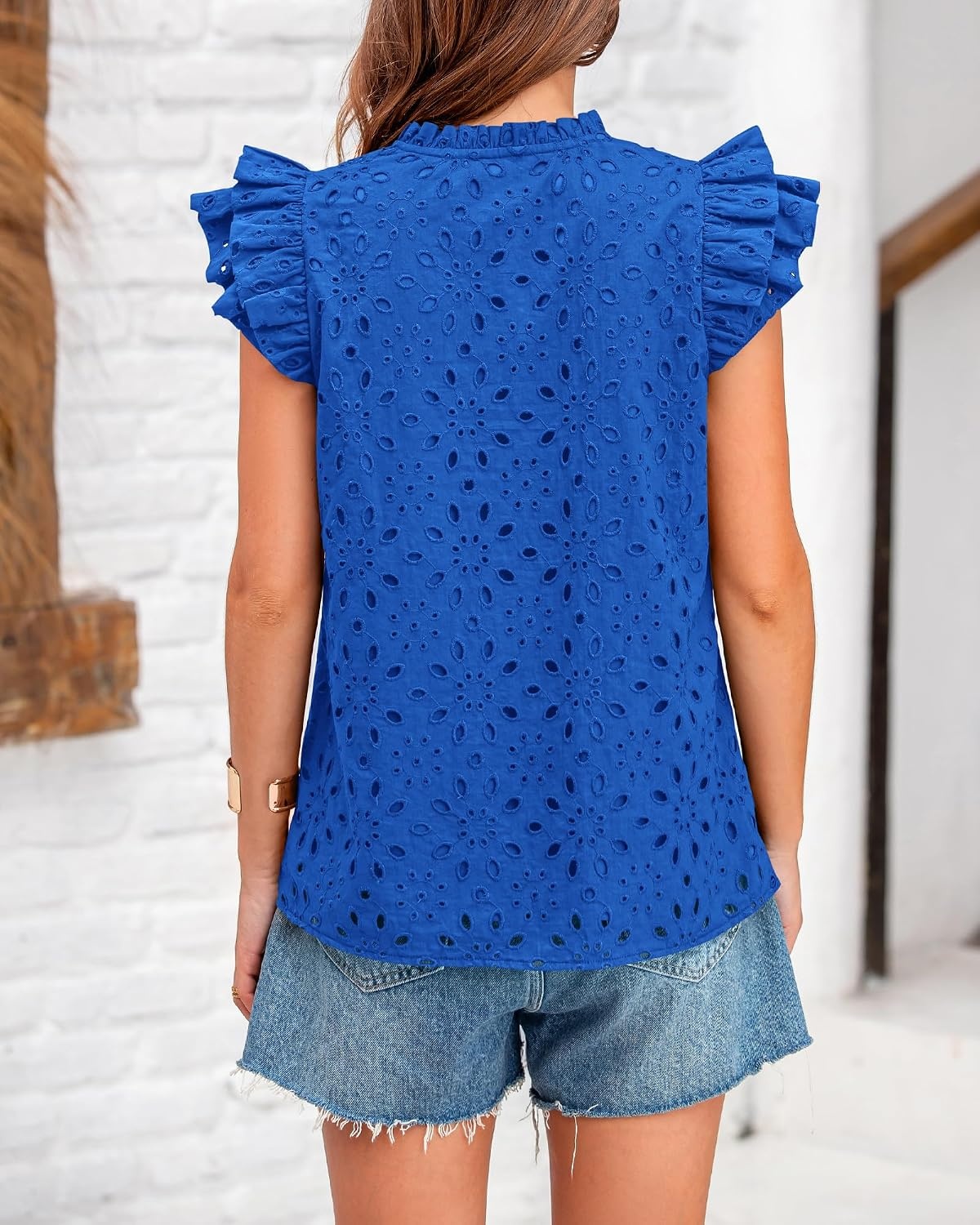 image:imageBTFBM Eyelet Tops for Women Dressy Casual Embroidered ShirtBlue