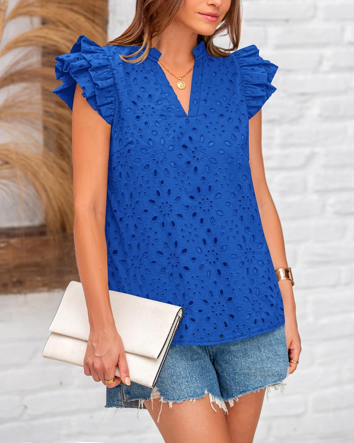 image:imageBTFBM Eyelet Tops for Women Dressy Casual Embroidered ShirtBlue