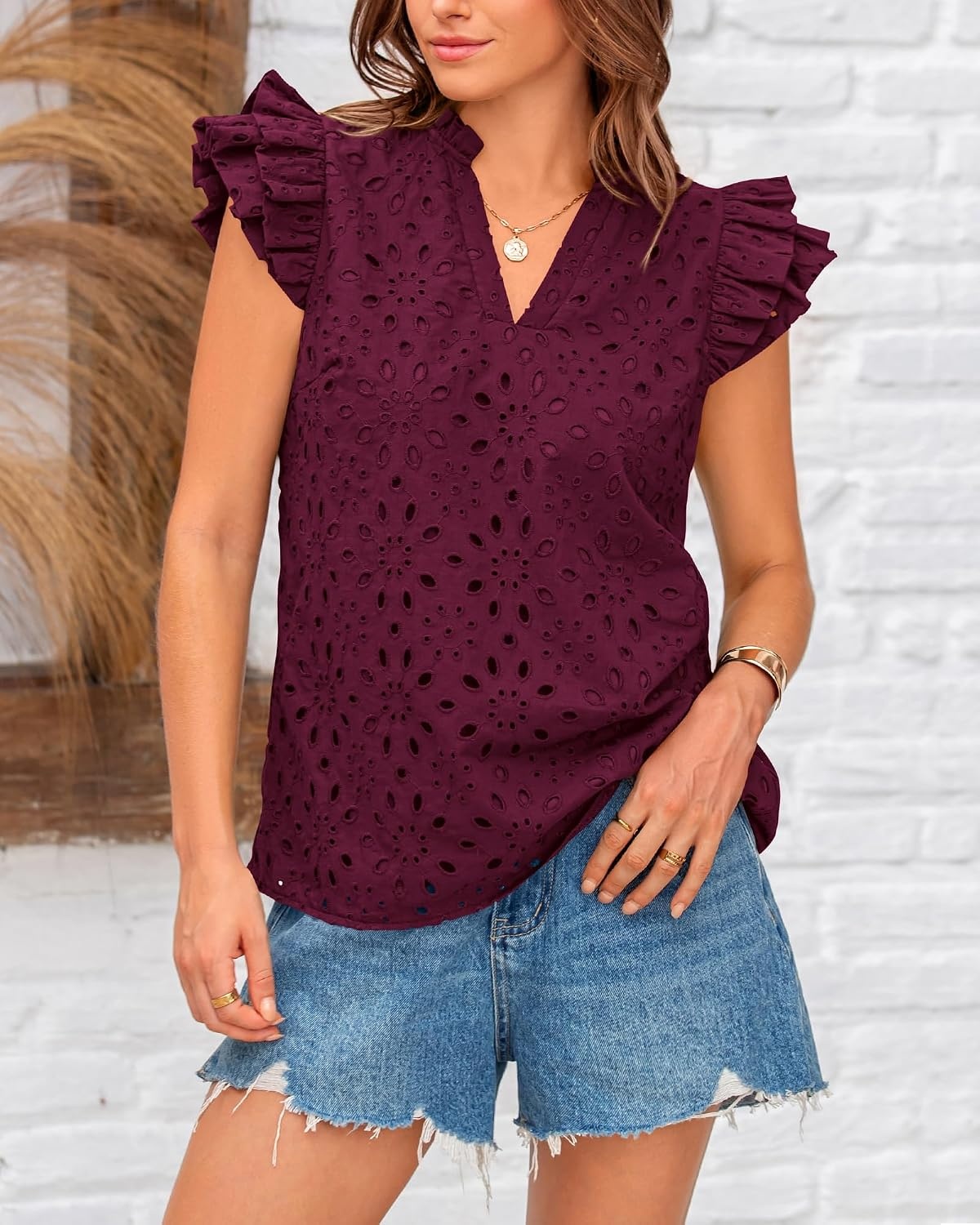 image:imageBTFBM Eyelet Tops for Women Dressy Casual Embroidered ShirtBurgundy