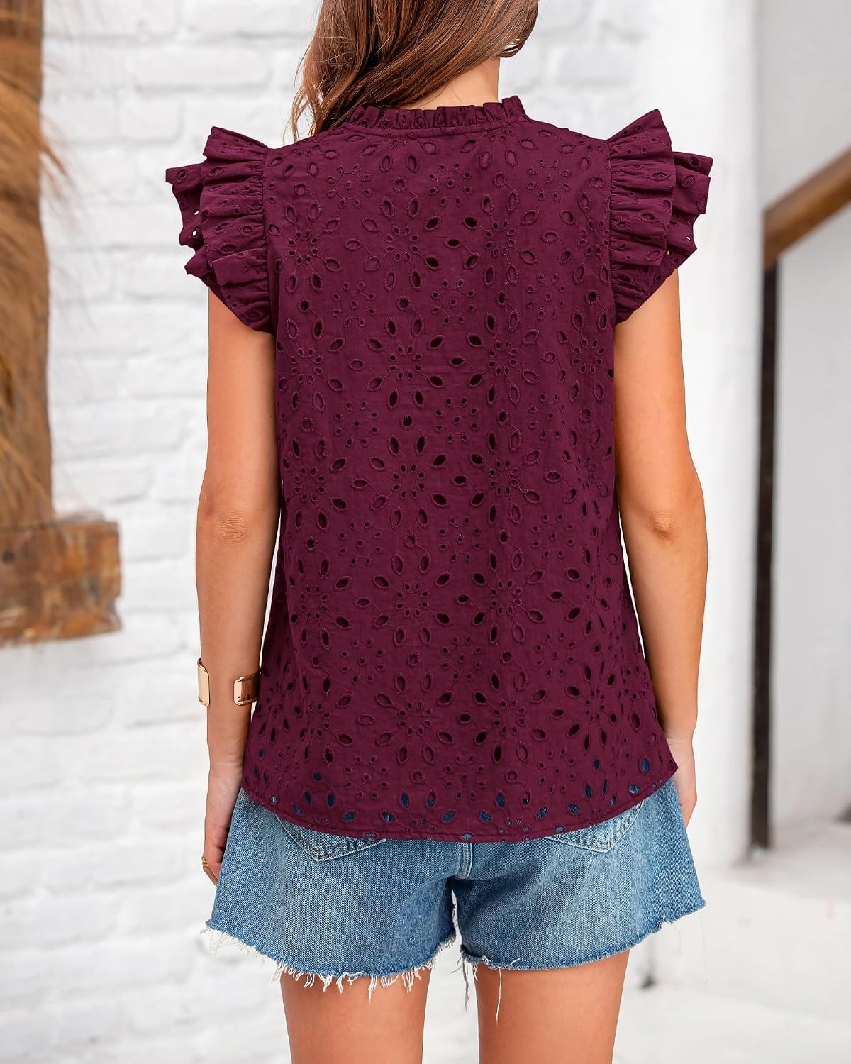 image:imageBTFBM Eyelet Tops for Women Dressy Casual Embroidered ShirtBurgundy
