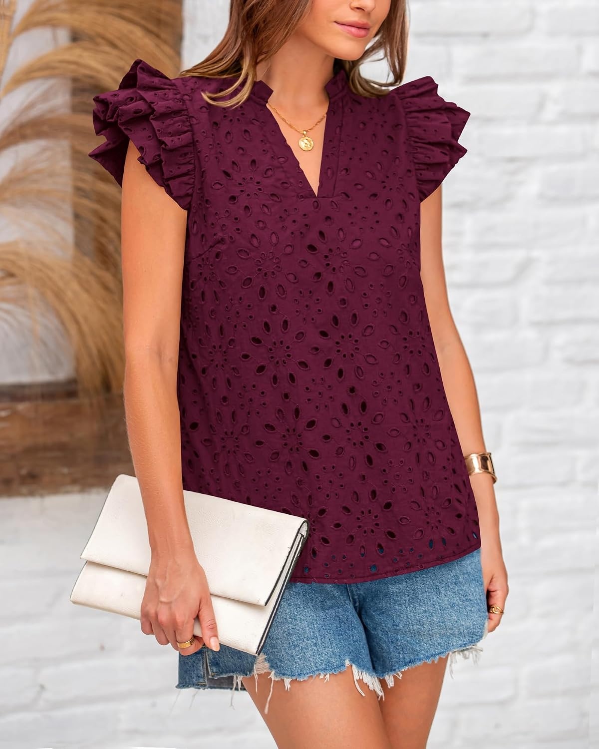 image:imageBTFBM Eyelet Tops for Women Dressy Casual Embroidered ShirtBurgundy
