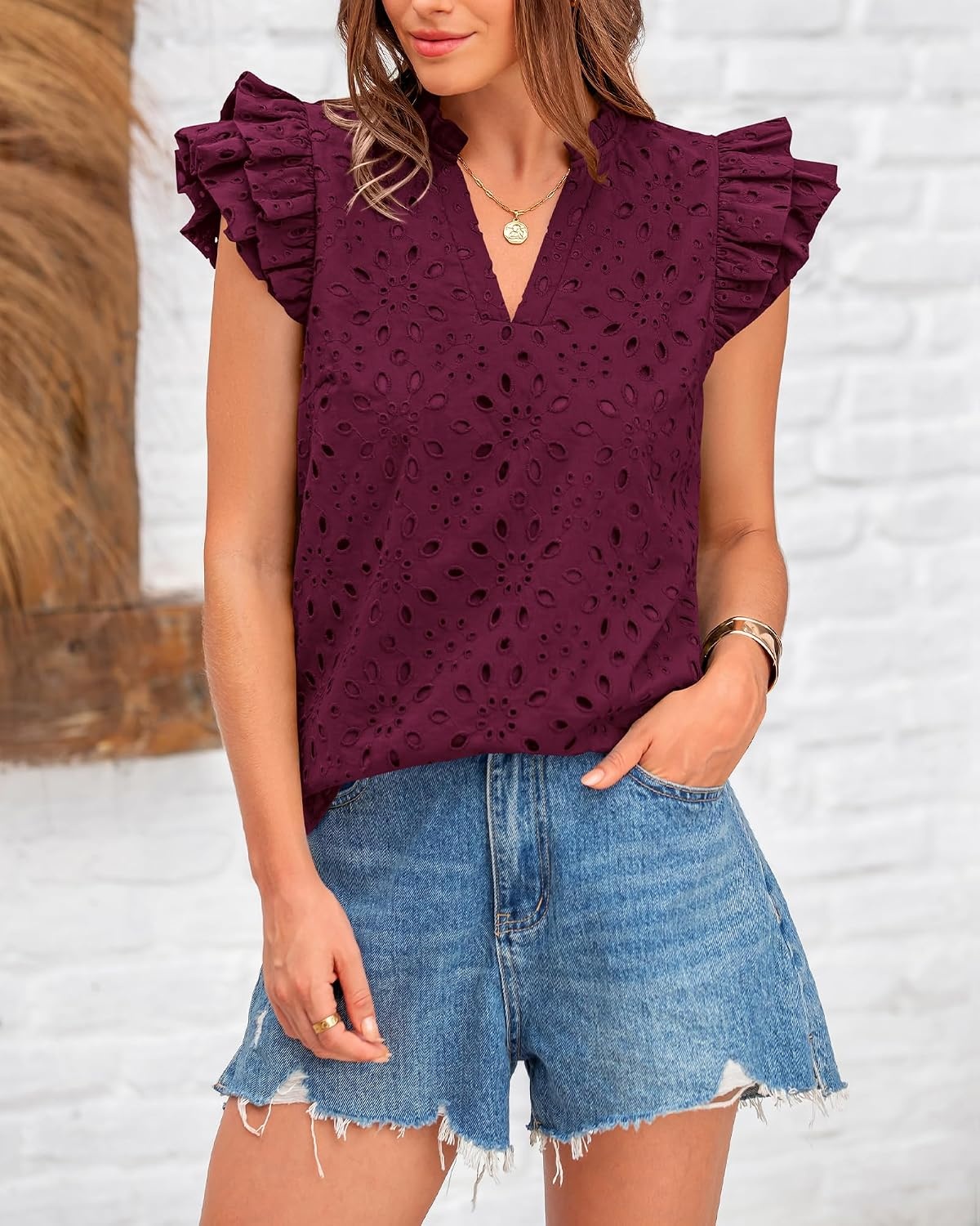 image:imageBTFBM Eyelet Tops for Women Dressy Casual Embroidered ShirtBurgundy