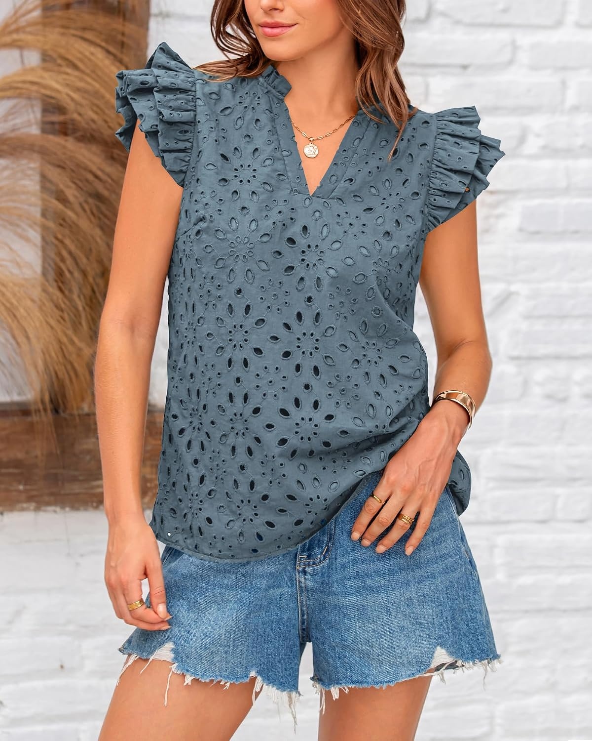 image:imageBTFBM Eyelet Tops for Women Dressy Casual Embroidered ShirtGrey Blue