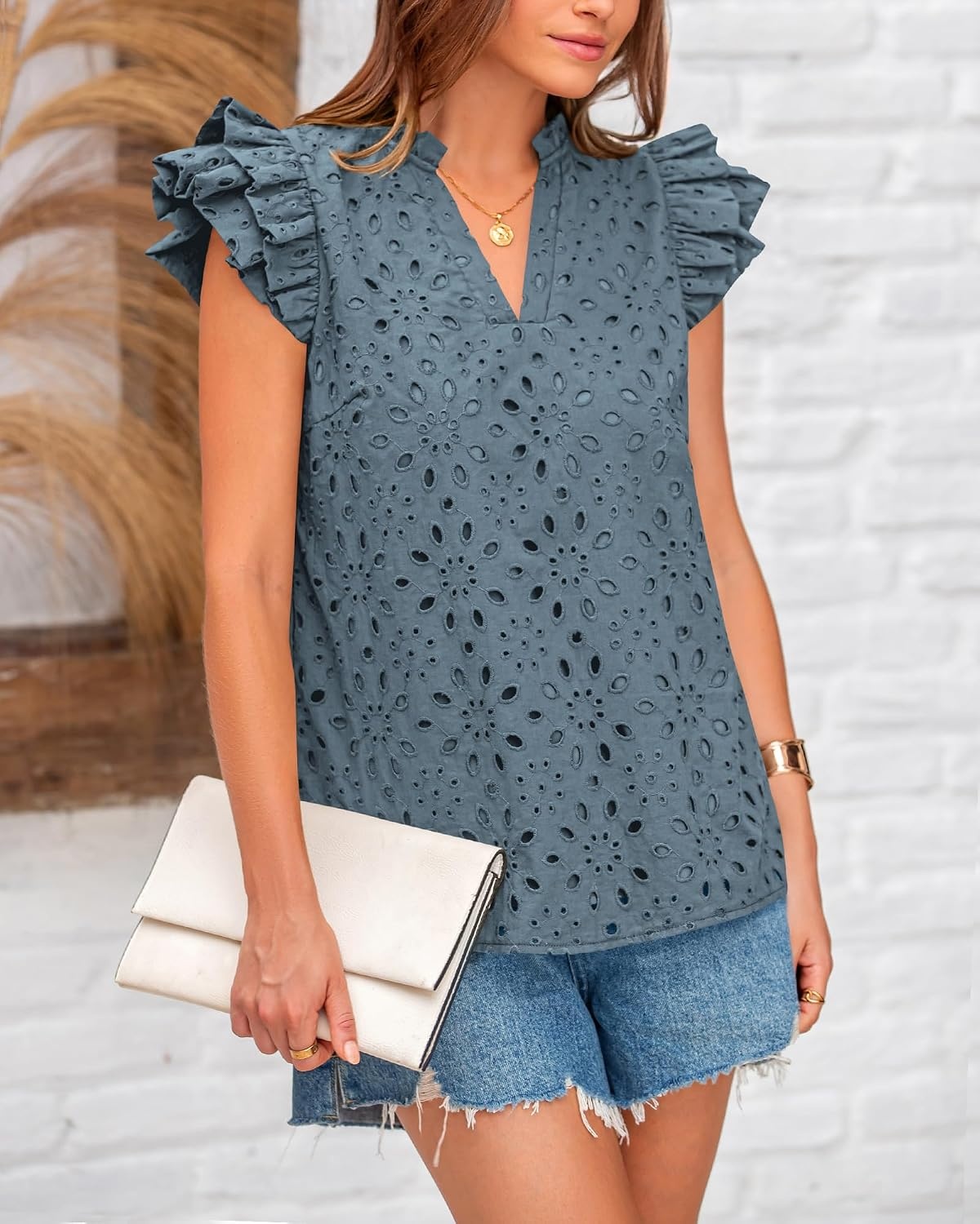 image:imageBTFBM Eyelet Tops for Women Dressy Casual Embroidered ShirtGrey Blue