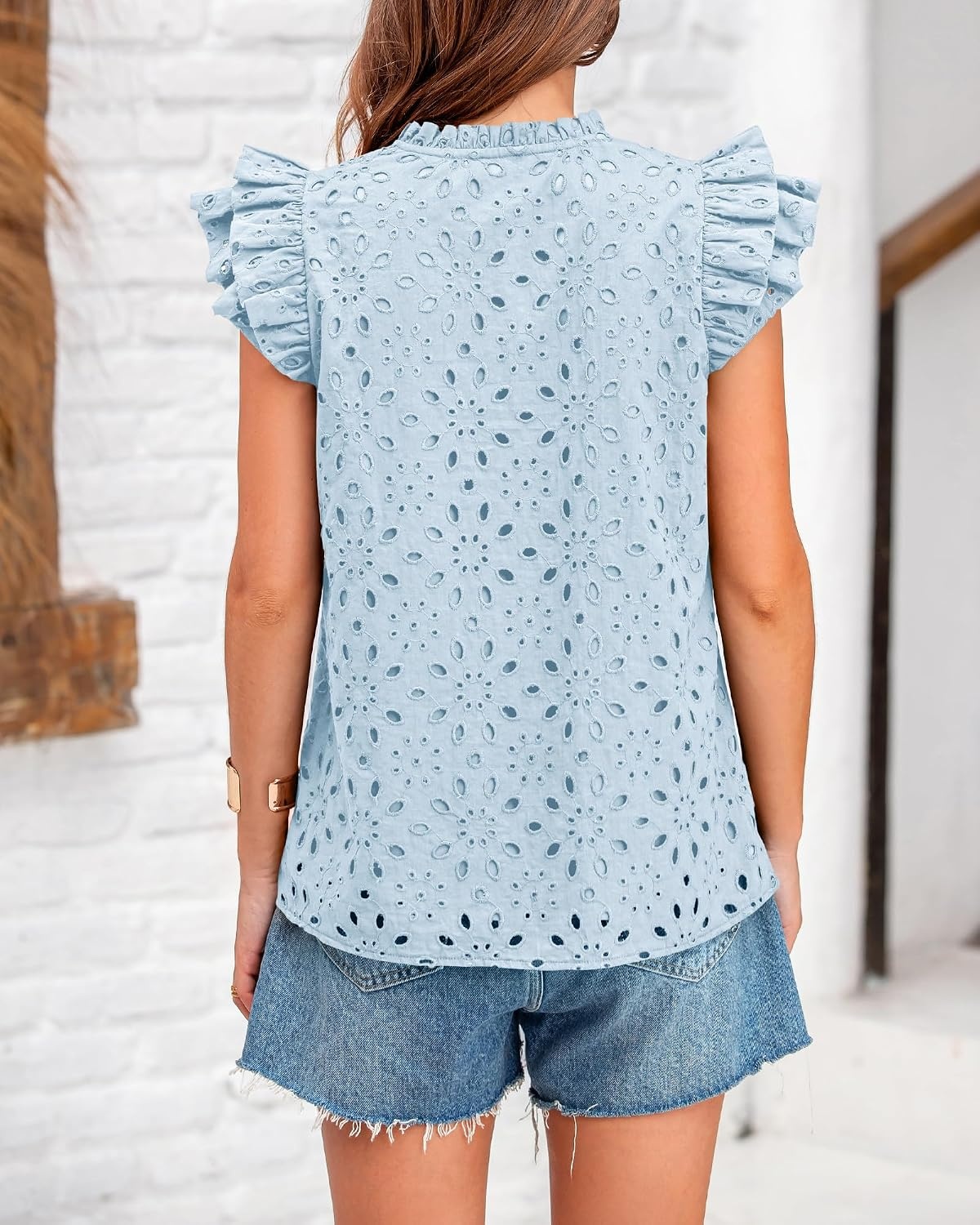 image:imageBTFBM Eyelet Tops for Women Dressy Casual Embroidered ShirtLight Blue