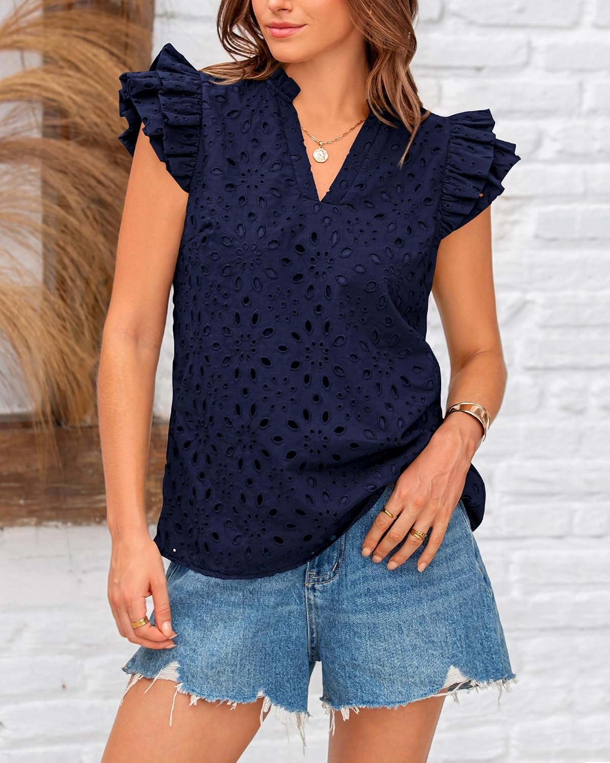 image:imageBTFBM Eyelet Tops for Women Dressy Casual Embroidered ShirtNavy