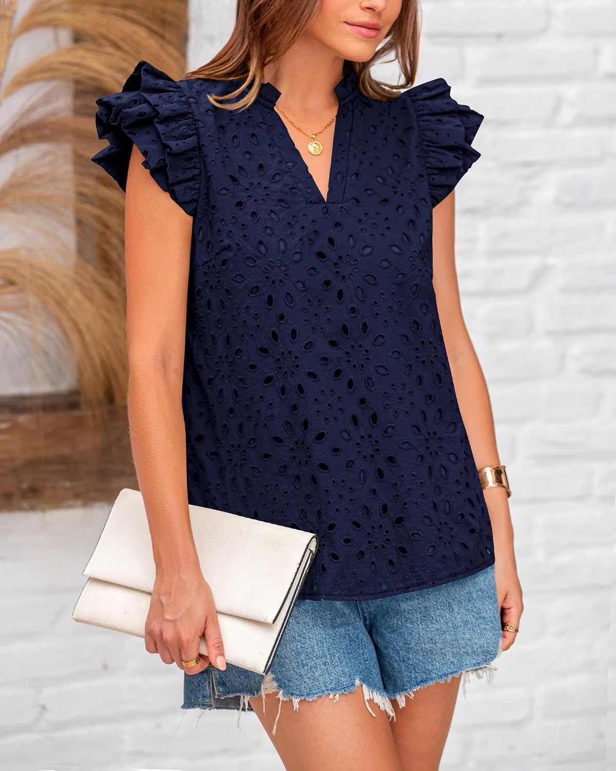 image:imageBTFBM Eyelet Tops for Women Dressy Casual Embroidered ShirtNavy