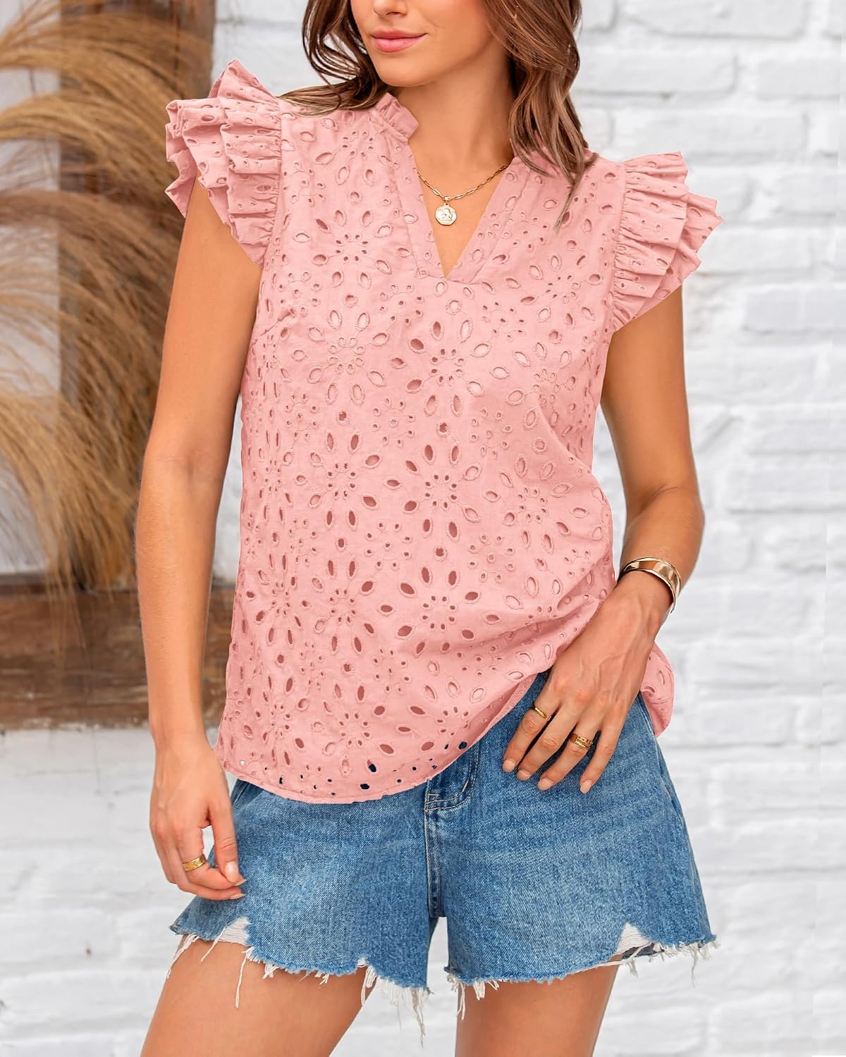 image:imageBTFBM Eyelet Tops for Women Dressy Casual Embroidered ShirtPink