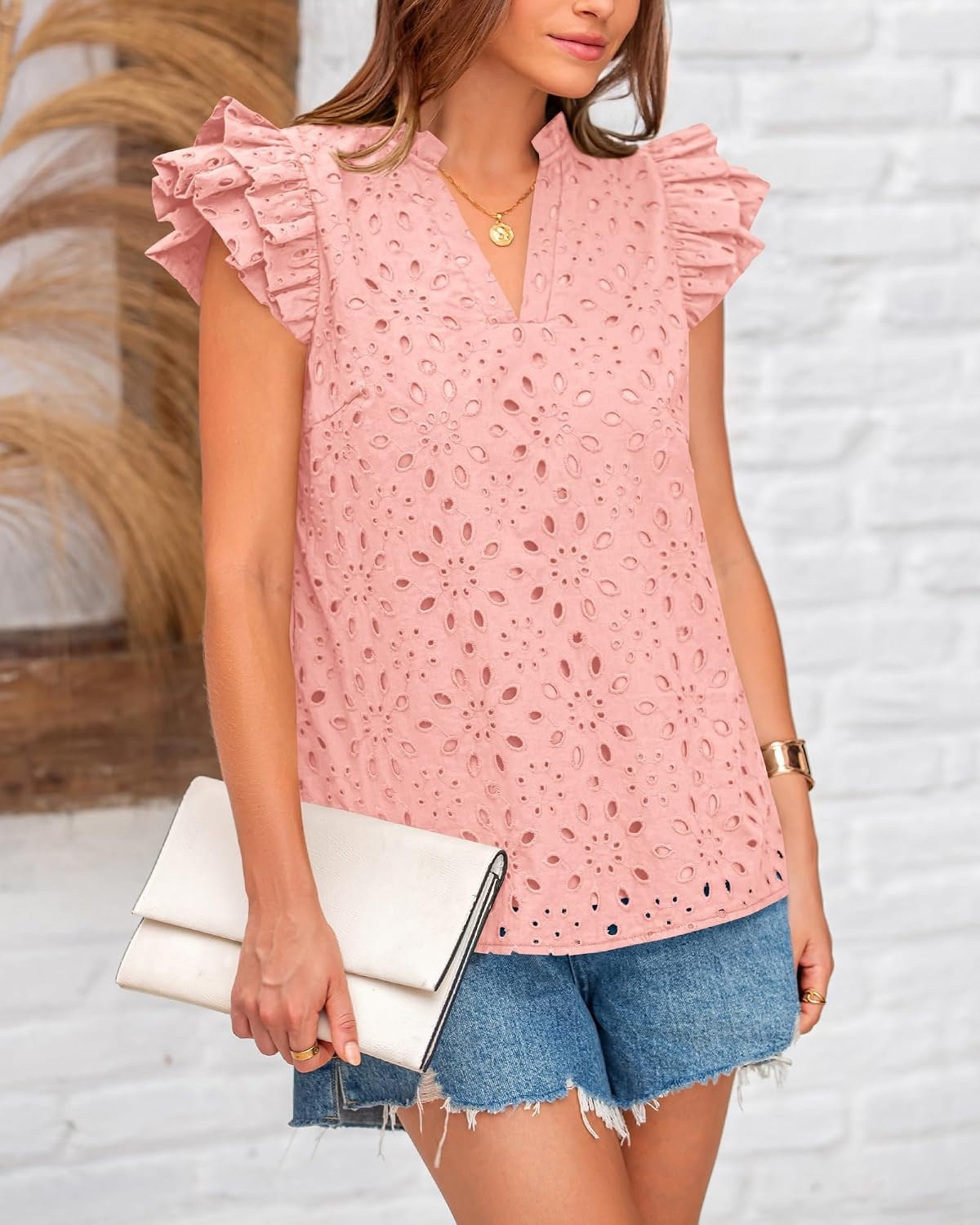 image:imageBTFBM Eyelet Tops for Women Dressy Casual Embroidered ShirtPink