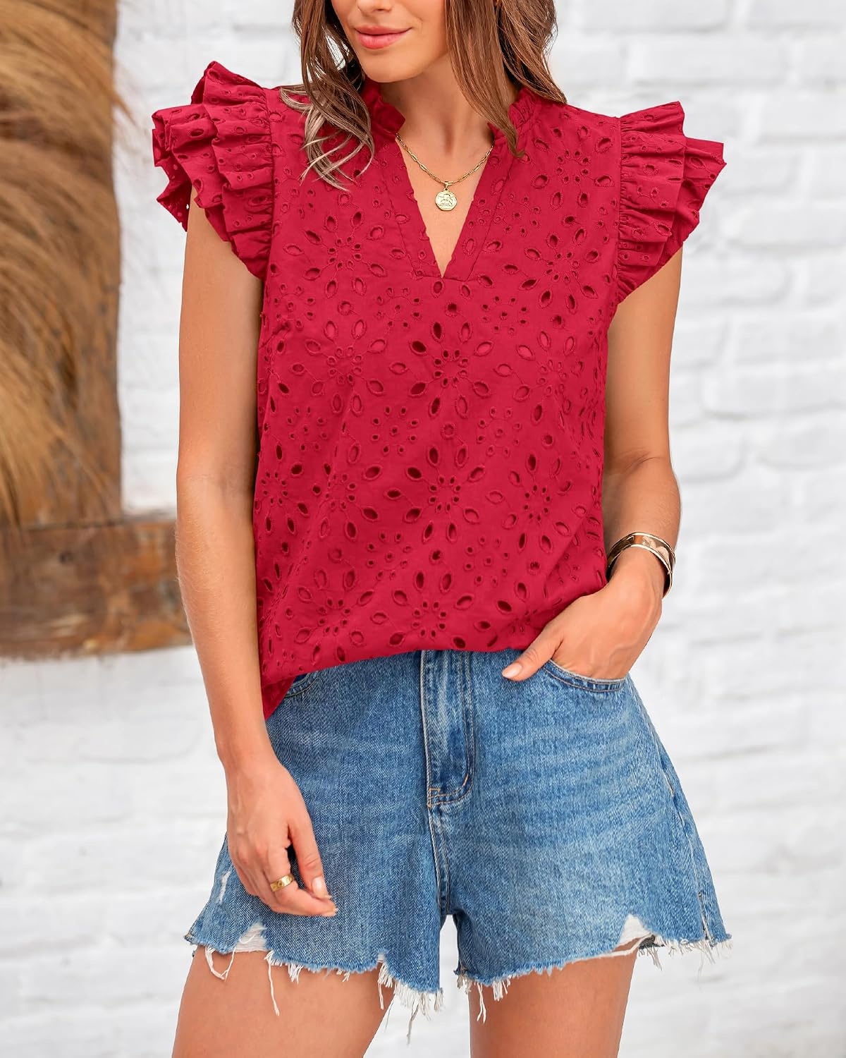 image:imageBTFBM Eyelet Tops for Women Dressy Casual Embroidered ShirtRed