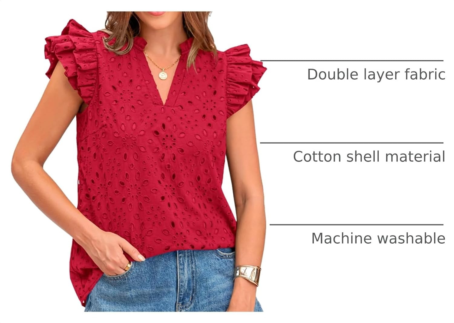 image:imageBTFBM Eyelet Tops for Women Dressy Casual Embroidered ShirtRed
