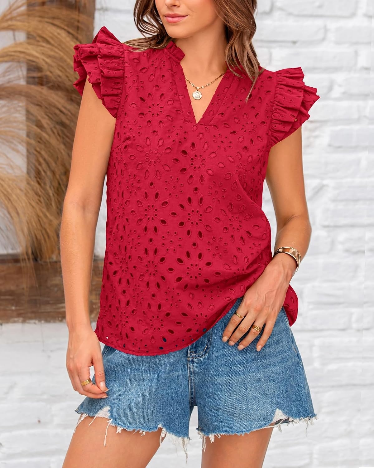 image:imageBTFBM Eyelet Tops for Women Dressy Casual Embroidered ShirtRed